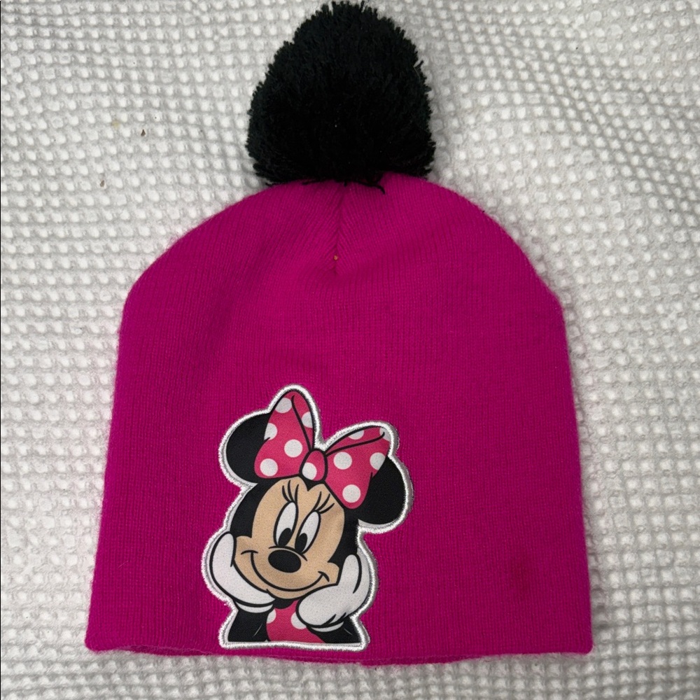 Pink Minnie Mouse Beanie with Black Pom - 8” x 9”